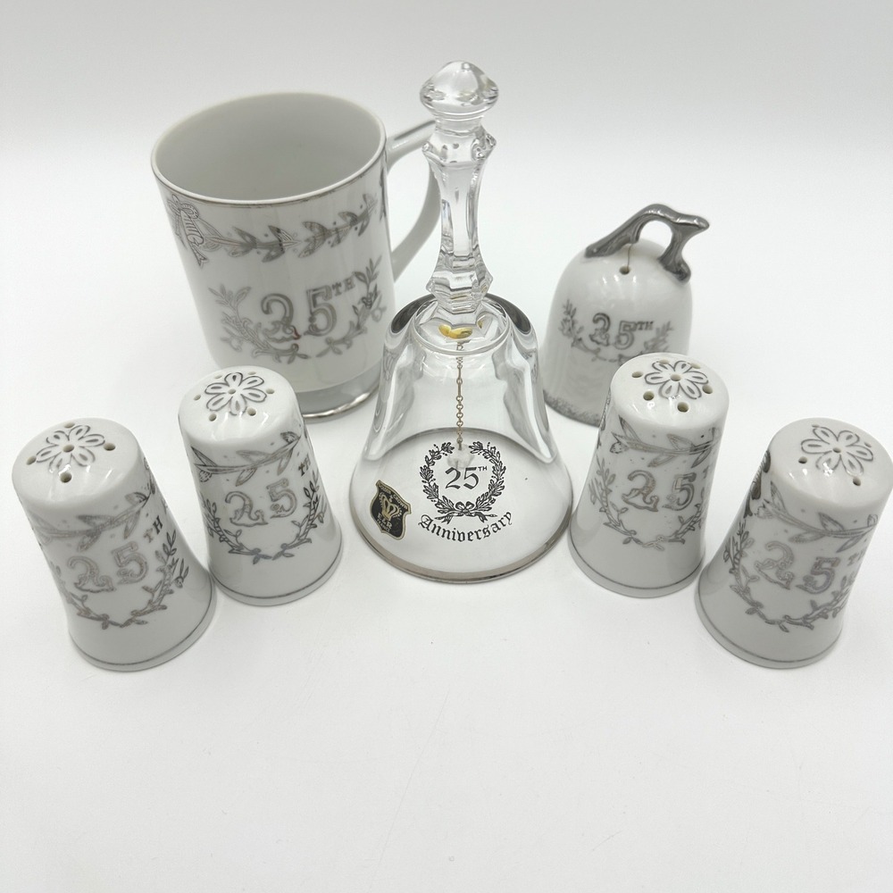 Lefton‎ E&R France 25th Anniversary Porcelain Silver Cup Shakers Crystal Bell